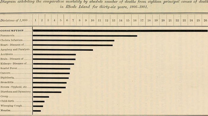 Epidemiology report of the top causes of mortality in Rhode Island from 1866-1901. Scarlet Fever was the 9th most common cause of death.