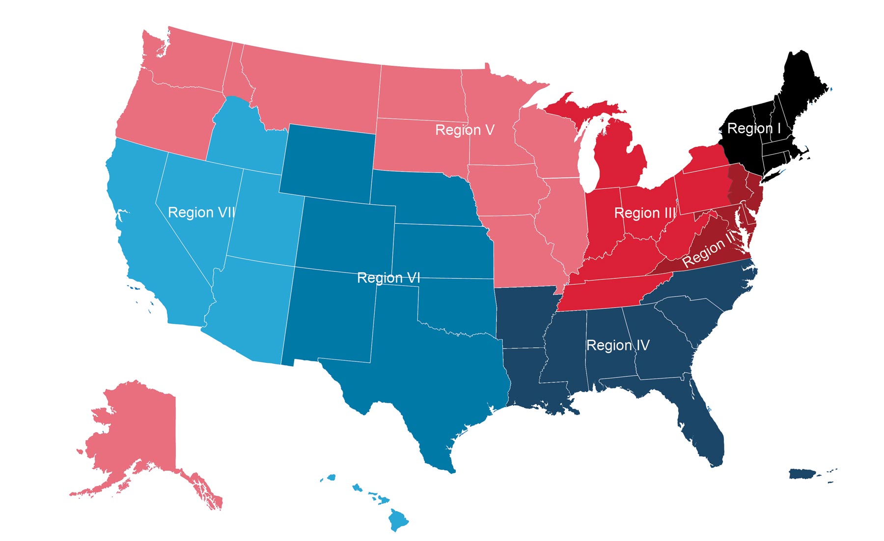 Map of the United States indicates which states are associated with which region. See below for details about branches.