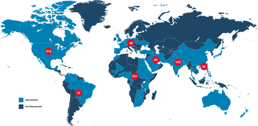 Map showing spread of FMLF, enrolling fellows and mentors in over 35 countries.